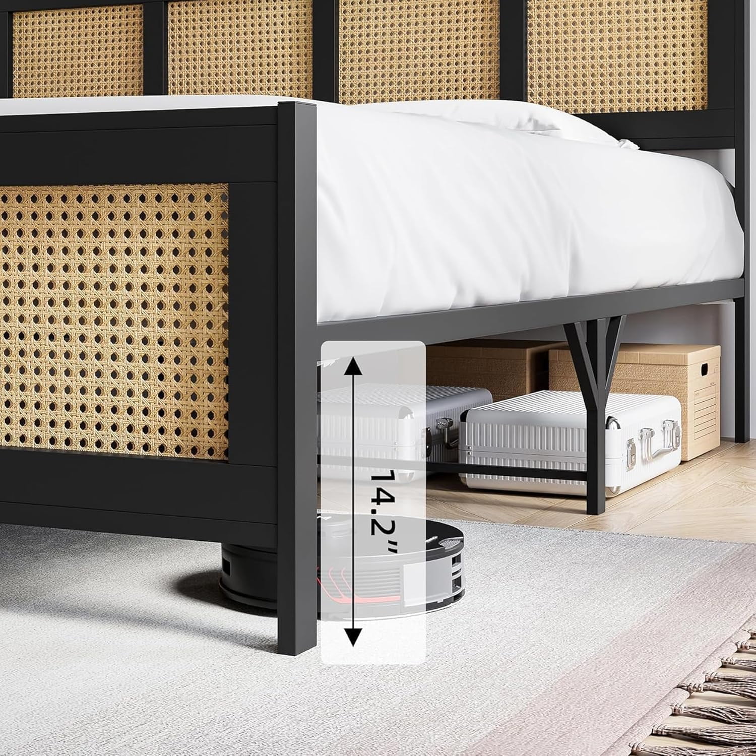 Memoryfield Full Size Bed Frame with Metal Slats Support, Rattan Platform Bed Frame with Headboard, No Box Spring Needed, Black