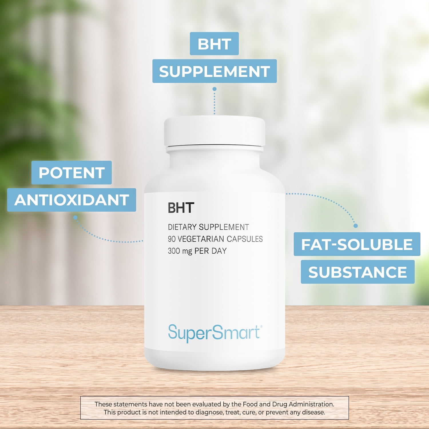 SuperSmart BHT Supplement 300mg per Day - Butylated Hydroxytoluene | Non-GMO & Gluten Free - 90 Vegetarian Capsules