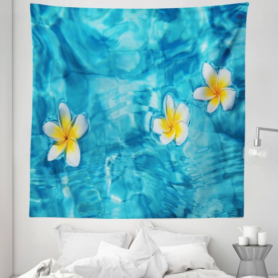 Tropical Tapestry, Tropical Frangipani Flower Floating in Water Pool Summertime Ecofriendly, Fabric Wall Hanging Decor for Bedroom Living Room Dorm, 5 Sizes, Aqua Yellow White, by Ambesonne