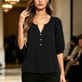 thumbnail image 3 of Lenpel Womens Dressy Casual Blouses V Neck Balloon 3/4 Length Sleeve Tops Fashion Button Front Loose Fit Shirts, 3 of 6