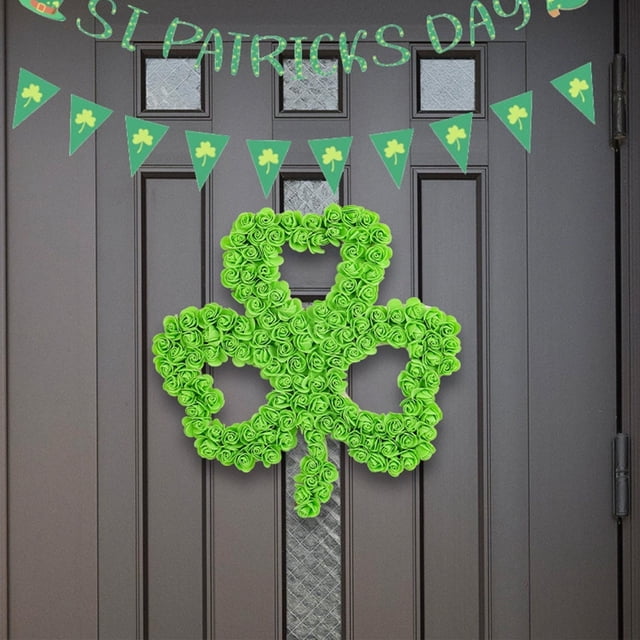 Corona de San Patricio con trébol y flores artificiales - Puerta de trébol verde para decorar el patio y las paredes