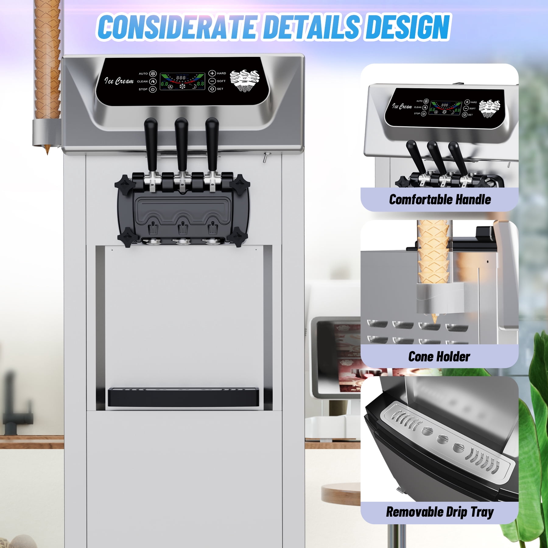 IdealHouse 2+1 Flavor Commercial Ice Cream Machine, Soft Serve Maker 5.8–8 Gal/Hr, LCD Touchscreen, Auto Cleaning, High Output for Home Snack Bar Restaurants