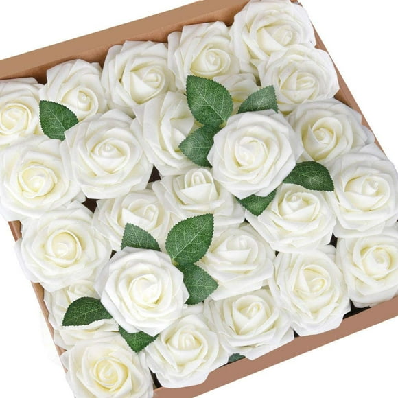 HTAIGUO 50Pcs Fleurs de Rose Artificielles, Roses Blanches Ivoire pour les Décorations, Véritable Mousse Rose en Vrac avec des Tiges pour les Bouquets de Mariage Bricolage