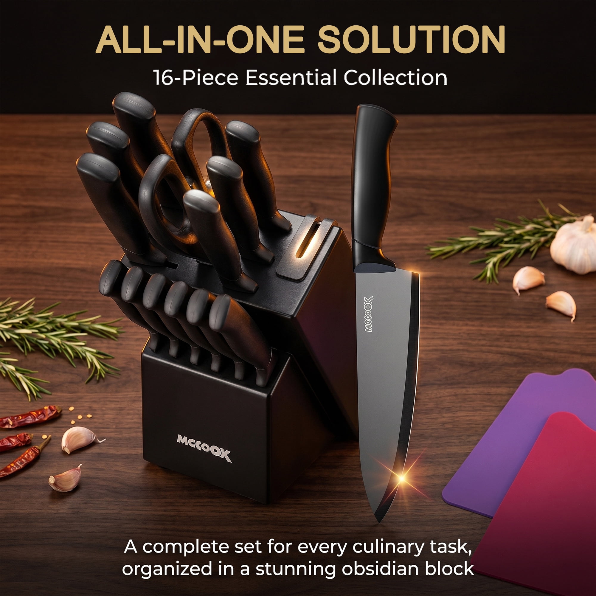 MoCook Kitchen Knife Set, 16 Pcs Knives Block Set with Built-in Sharpener, Healthy Anti-Rust Coating & German Stainless Steel Knife Set, Dishwasher Safe Black