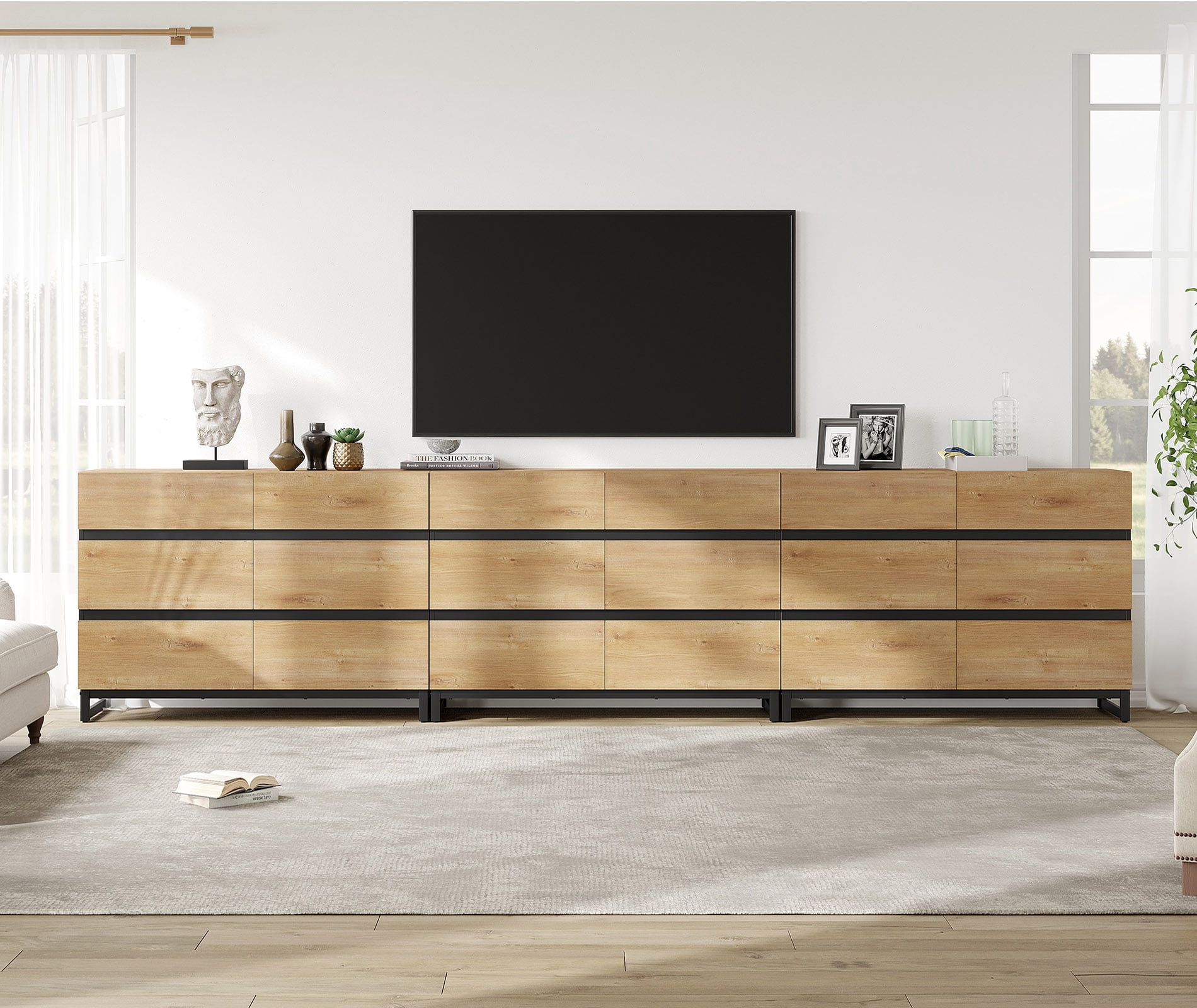 WAMPAT 18-Drawer TV Stand, Modern Extra Large Media Console with Metal Base, Wooden Entertainment Center Fits 120 Inch TV for Bedroom Living Room, Oak