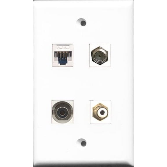 RiteAV - 1 Port RCA White and 1 Port Coax Cable TV- F-Type and 1 Port 3.5mm and 1 Port Cat5e Ethernet White Wall Plate