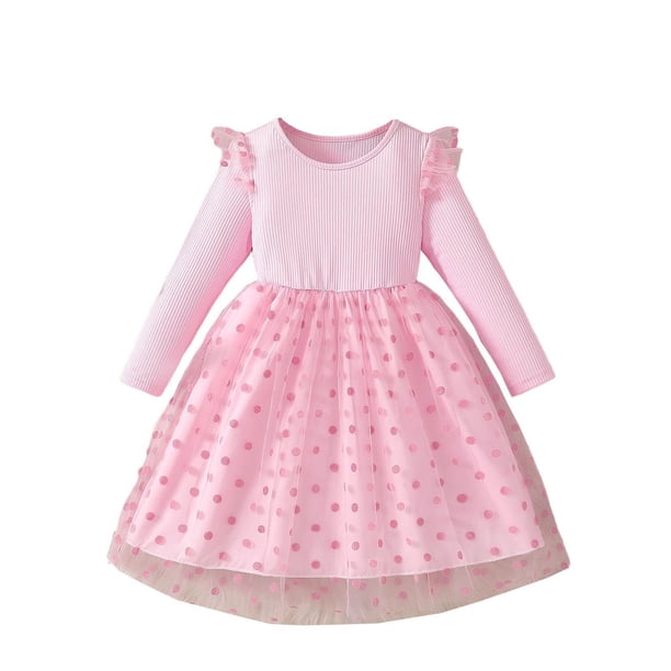 Vestido de cuello redondo y manga larga para niñas Vestido de cuello redondo y manga larga para niñas Falda de malla elegante Vestido de princesa elegante para niñas pequeñas Vestido de poliéster para