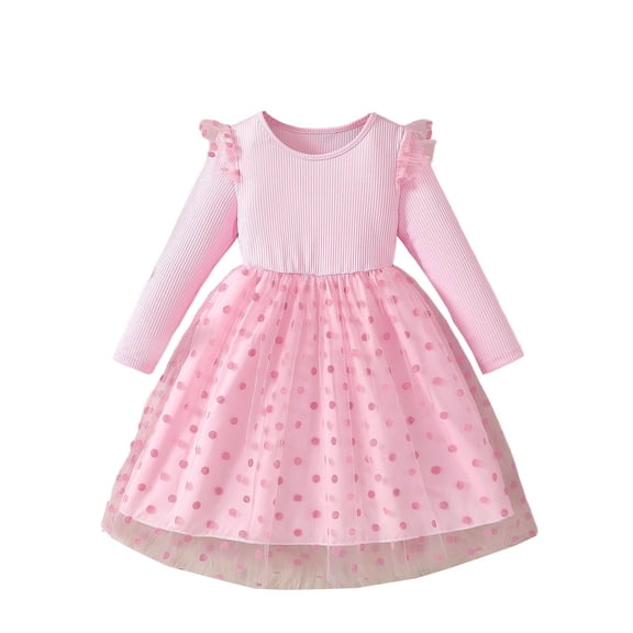 Pink Girls Tutu Dress Long Sleeve - Party Birthday Fancy Dress with Puffy Skirt for Kids Kids 3-10 Years, Machine Washable Tulle Dress with 3D Polka Dots,Size 4-5 T