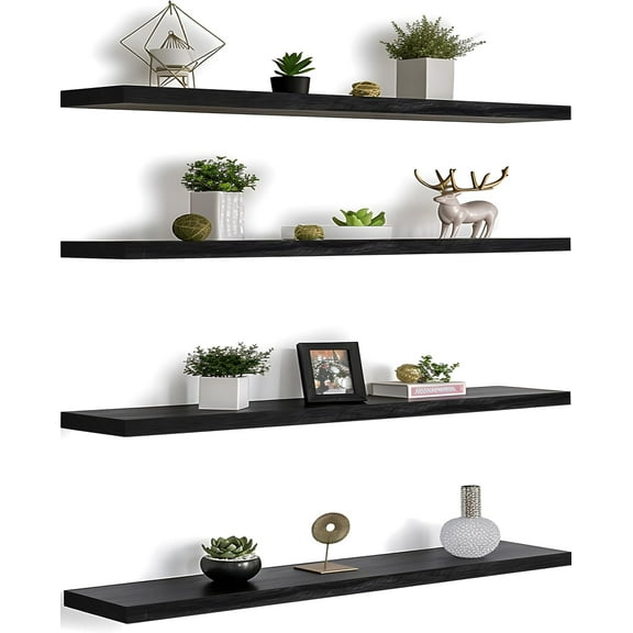 48 Inch Wood Floating Shelves for Wall, Wooden Wall Shelves for Bedroom, Set of 4 Black