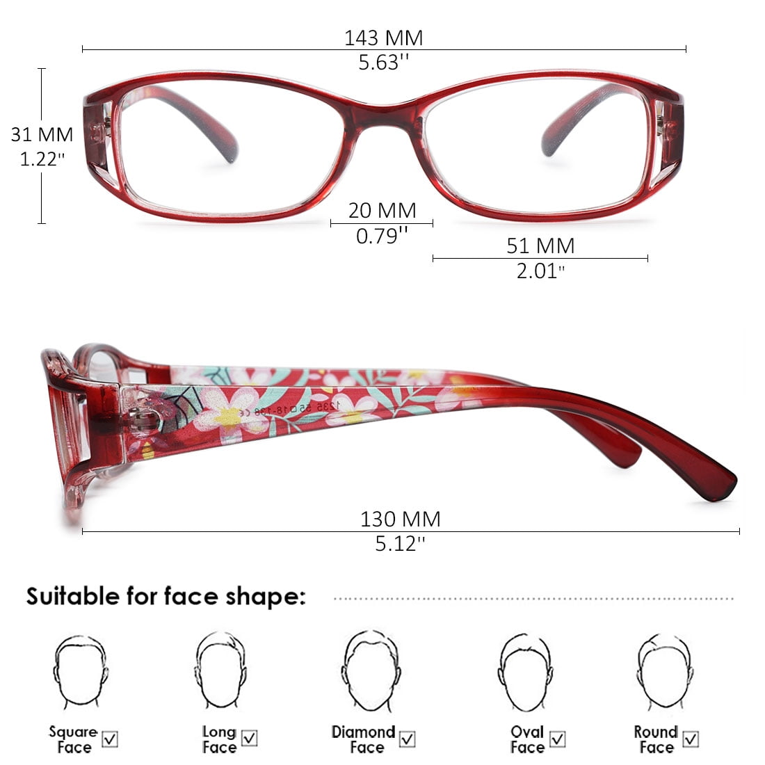 KOOSUFA Womens Floral Color Reading Glasses 2.00 Quality Rectangle Readers Eyeglasses Eyewear Red