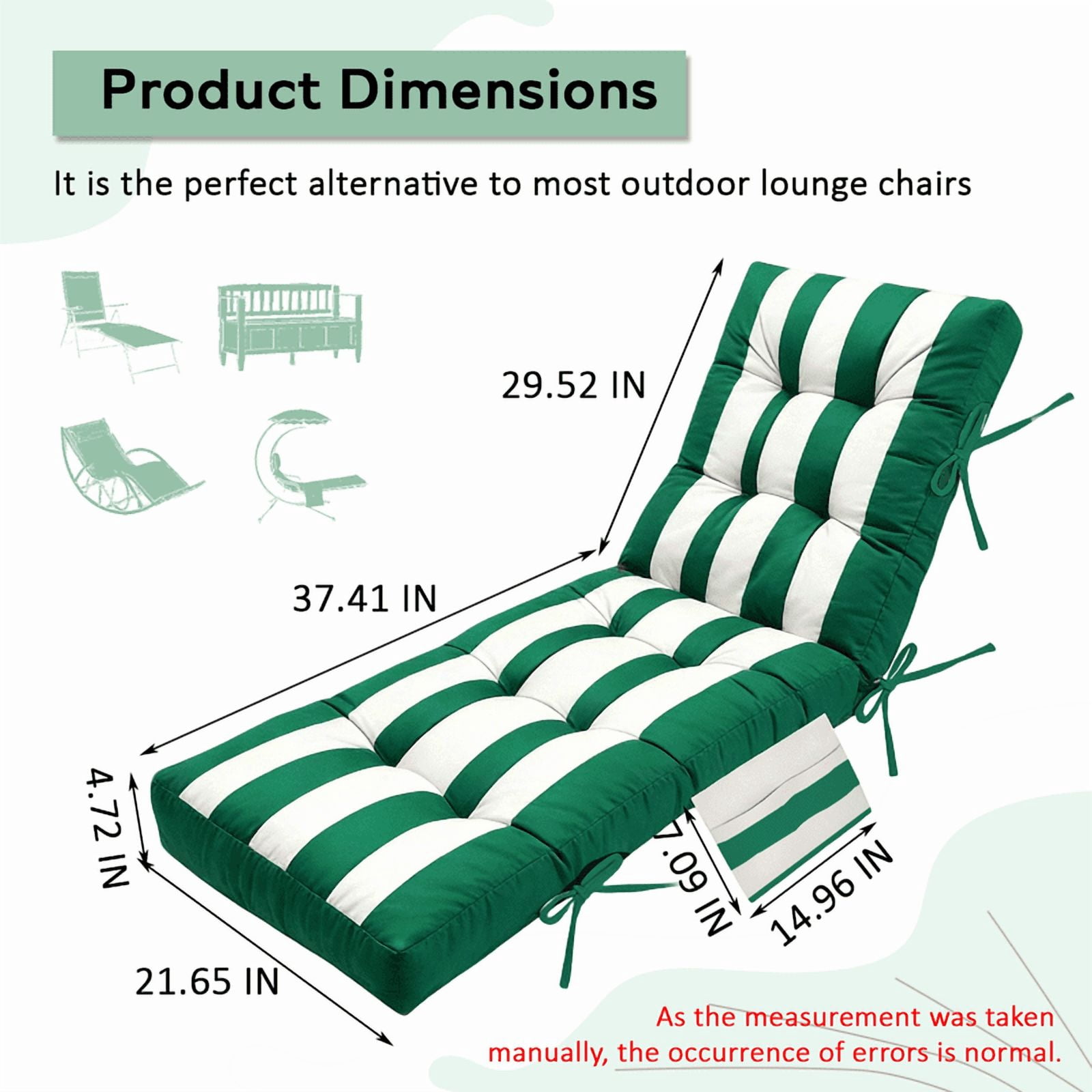 PUKNLY Chaise Lounge Chair Cushion Outdoor, 67*22*4 in Thickened Leisure Lounge Deck Chair Cushion, Waterproof & Fade-Proof Patio Pool Sun Lounger Pad with Straps, Bag, for Pool, Beach, Balcony