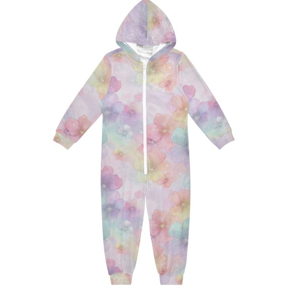 Soft Big Kids Onesie Pajamas Cozy Loose-Fit Jumpsuits for kids with Pockets for Christmas Lounge & Play Watercolor Pastel Rainbow Flowers