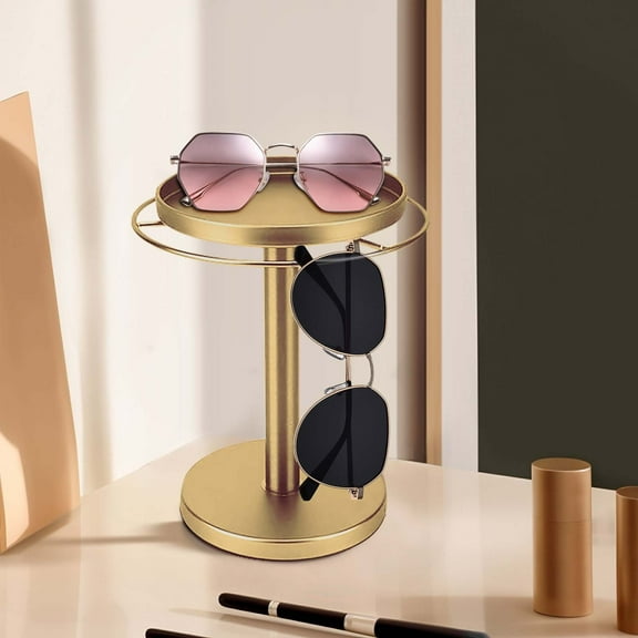 360° Rotating Glasses Stand Organizer - Stainless Steel Eyeglass Display Rack with Wood Tray, Space-Saving Sunglasses Holder for Desk, Dresser, Nightstand | Home Decor Storage Solution