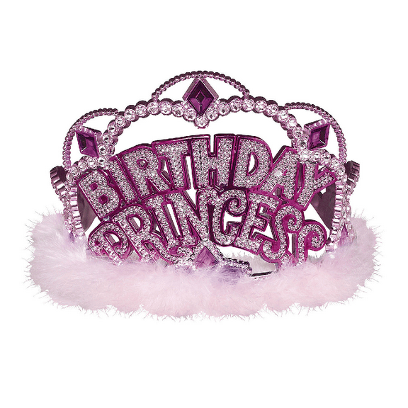 14.5" Pink Birthday Princess Tiara with Marabou Trim - Glitter Rhinestones & Feathery Base