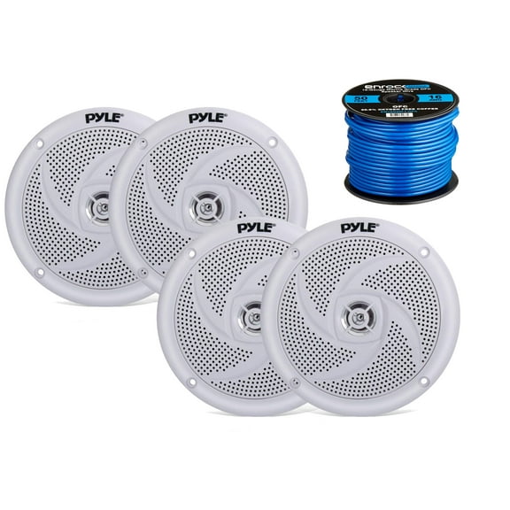 4x Pyle Marine 5.25" 2-Way Waterproof White Low Profile Slim Style Speakers, 16-Gauge 50 Foot Tinned Speaker Wire