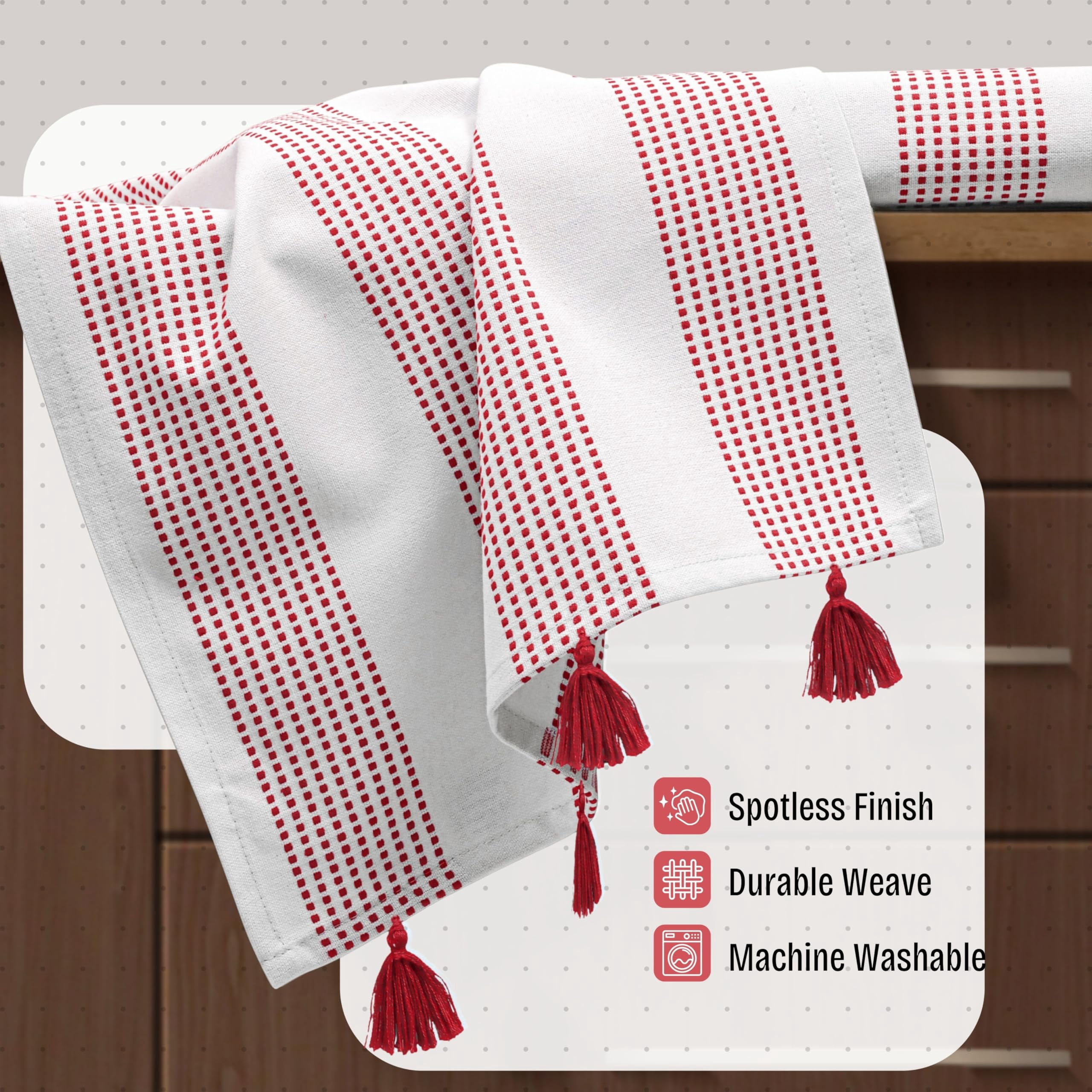 HEIRLOOM COMFORT Red Decorative Dotted Kitchen Towels 16x26 Inch, 12 Pack, 100% Cotton, Super Absorbent & Soft, Fast Dry Dish Towels with Tassels for Cleaning, Drying Dishes, and Daily Use