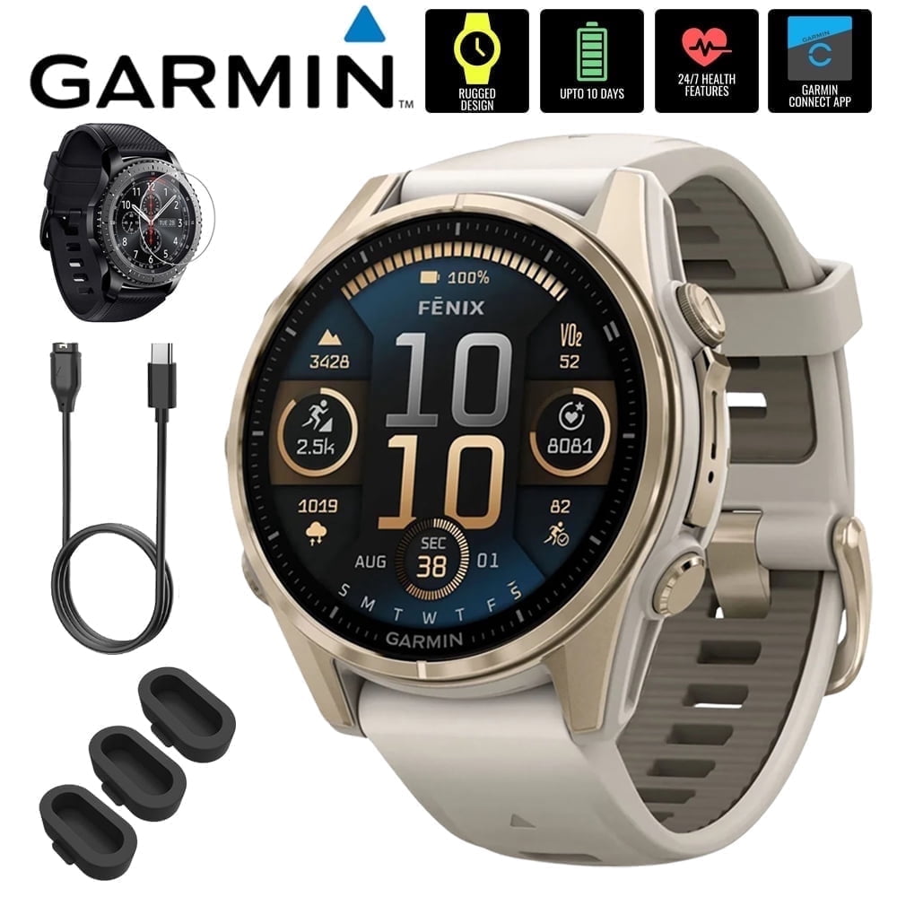 Garmin 010-02903-10 Fenix 8 43mm GPS Smartwatch, Sapphire, Soft Gold with Fog Gray Sandstone Silicone Band Bundle with Screen Protector, 3x Silicone Dust Cover and USB Type C Charging and Sync Cable