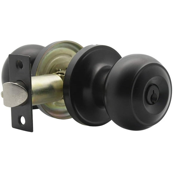 shiyou-Matte Black Door Knobs with Lock and Key, Entry Door Knobs Flat Ball Style, Entrance Keyed Door Handles 1 Pack