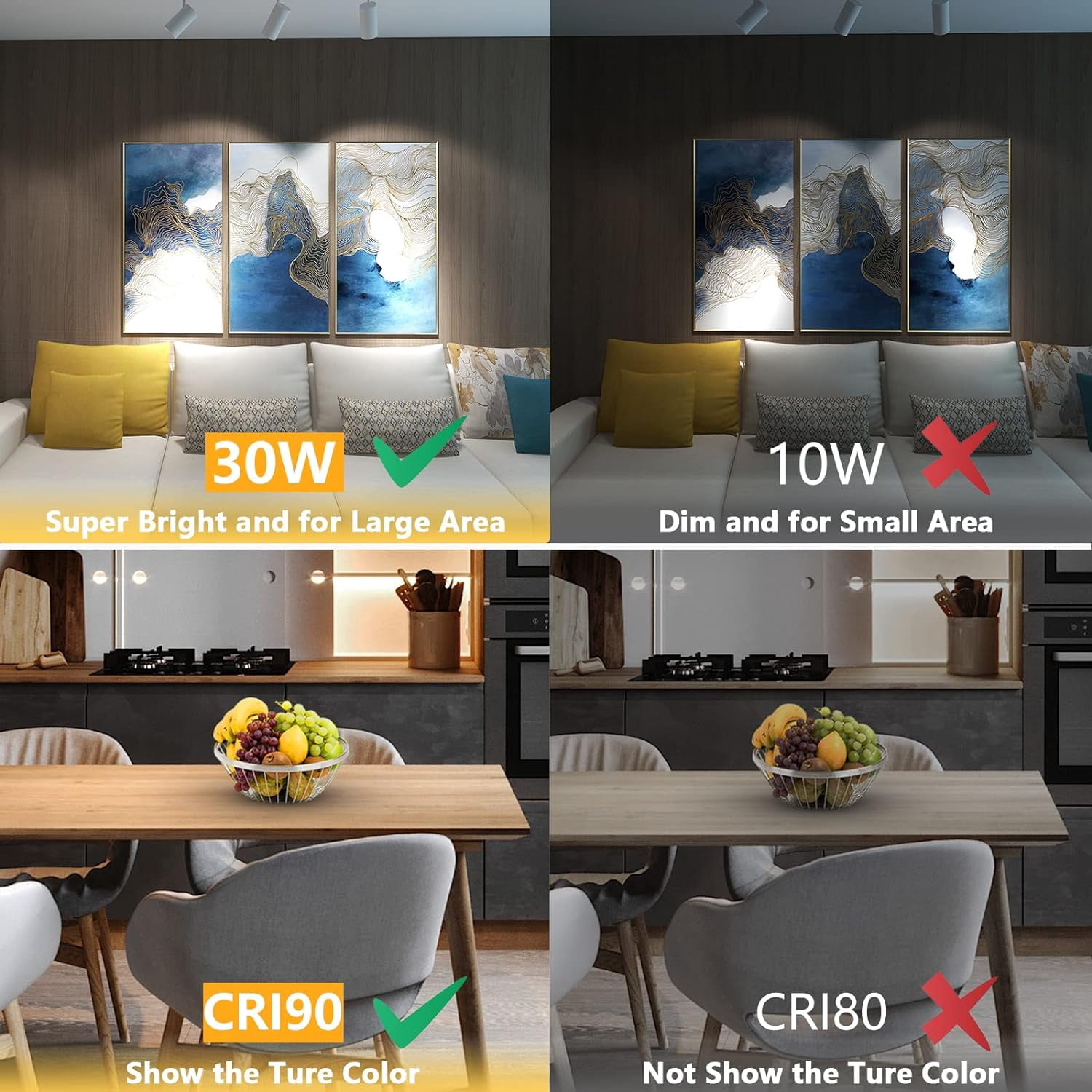 VANoopee 3-Color 30W H Track Lighting Heads Dimmable Bright LED Track Lighting Fixtures Accent Task Retail Kitchen Ceiling Spotlight Track Light H Type Pack of 4 - Flicker Free CRI90+ 36° 3000lm White