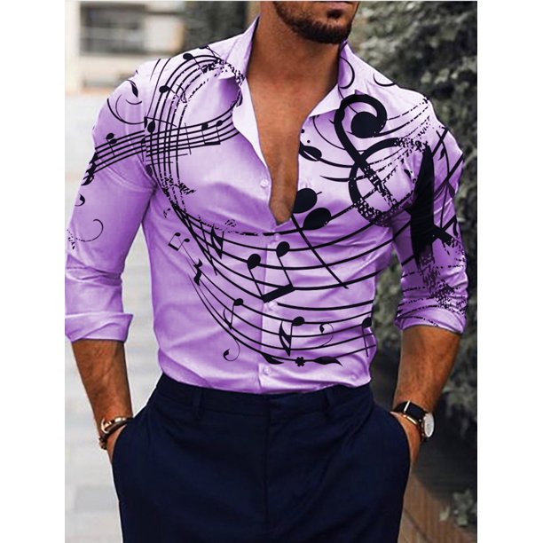 Camisa de hombre Camisa gráfica Texto Notas musicales Camisa de manga larga Estampada Botones Ropa de diseñador de moda Casual Transpirable