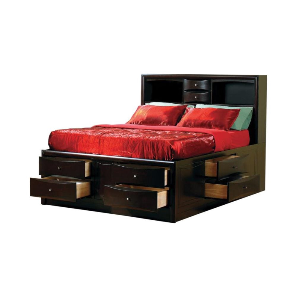Eastern King Bookcase Bed with Underbed Storage Drawers, Cappuccino