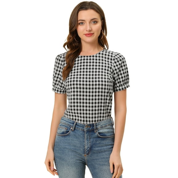 DARING DIVA Women's Gingham Crew Neck Puff Short Sleeve Blouses 2XL Black