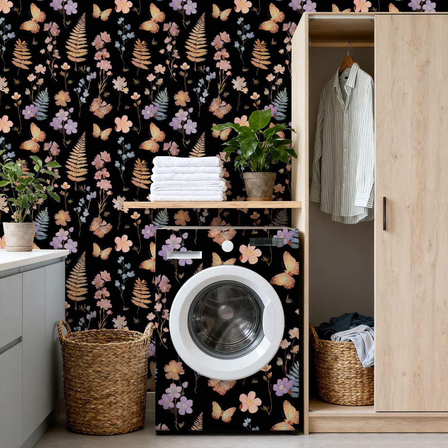 Peel and Stick Wallpaper Watercolor Floral Butterfly Black 17.7in x 118in Contact Paper Removable Self Adhesive Wall Mural Wall Decor for Bedroom Kitchen Cabinets