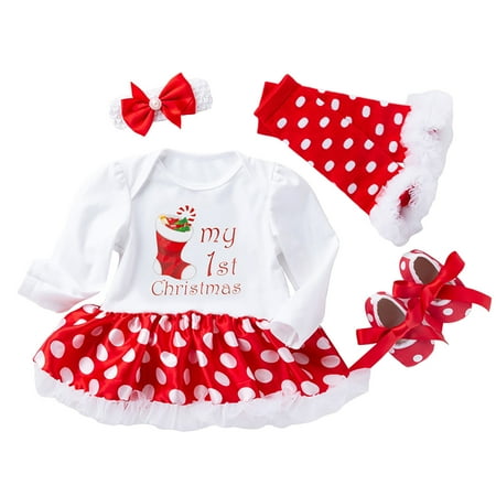 

EHTMSAK Newborn Infant Baby Toddler Girl Outfits Clothing Set Long Sleeve Christmas One Piece Dress Bodysuit and Shoes Tights Set with Headband Gold 0-2Y 66
