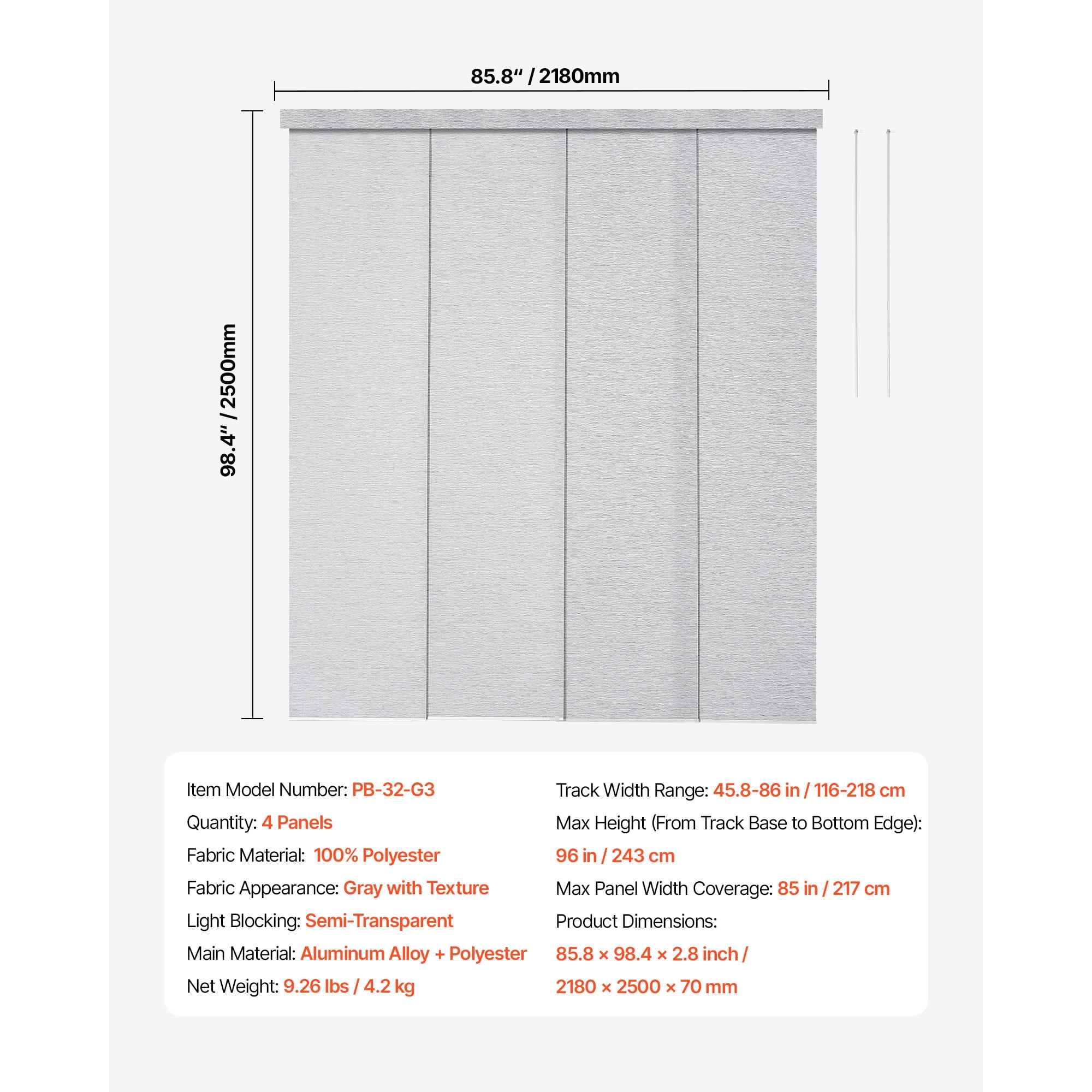 KFFKFF Adjustable Panel Track Blinds, Extendable Track 45.8-86 in W, Customizable Panel Curtains Up to 96 in H, Vertical Blinds for Sliding Doors, Patio Doors, Room Dividers, Windows, Gray