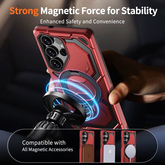 Armor Designed for Samsung Galaxy S23 Ultra Magnetic Case, Rugged Shockproof, with 360 Rotate Ring Kickstand, Hard Anti-Drop Heavy Duty Protection Hybrid Phone Cover for Galaxy S23 Ultra, Red