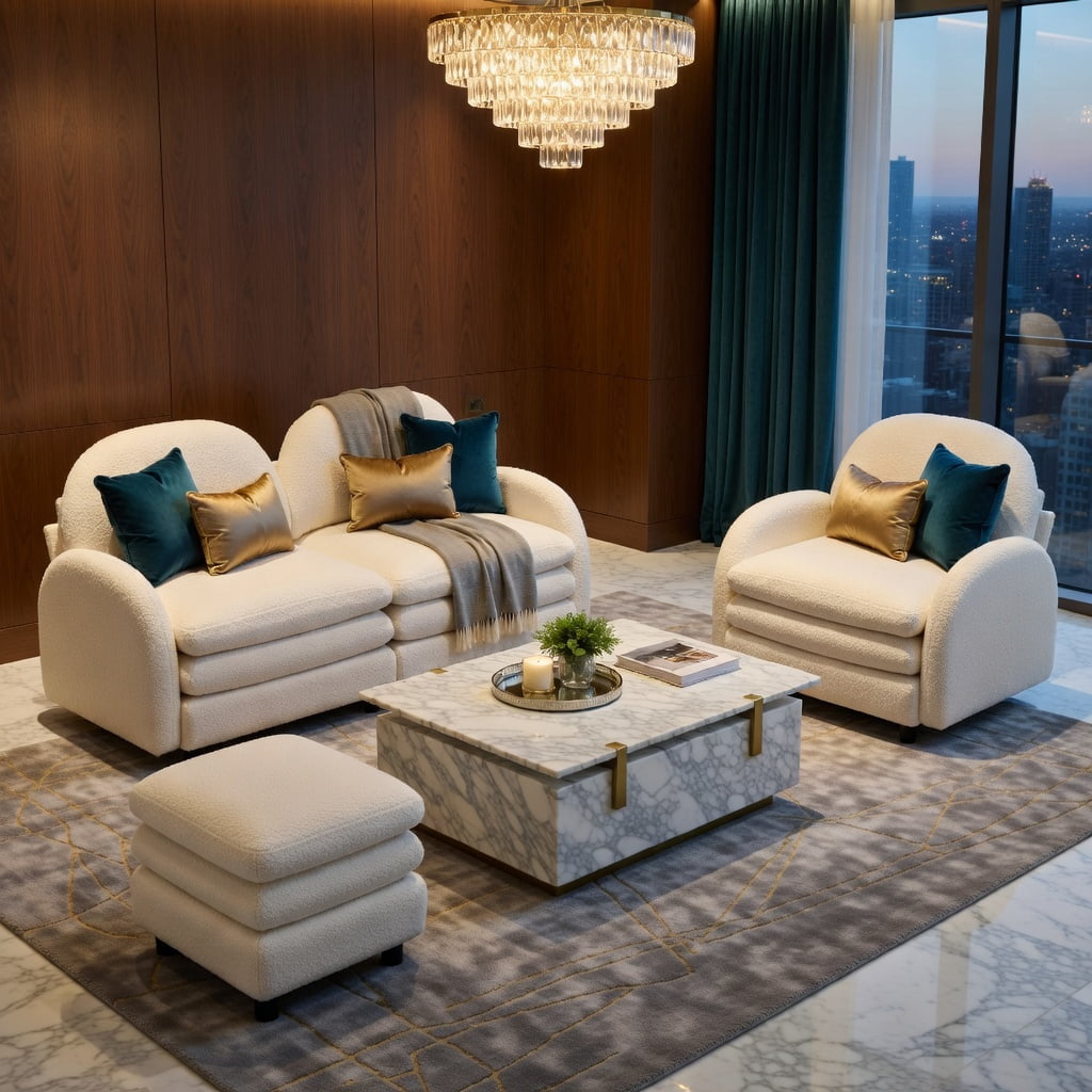 Hommoo Teddy Fleece 3-Seat Modular Sectional Sofa with Curved Backrest, Movable Ottoman & Double-Layer Cloud-Like Cushions, Beige