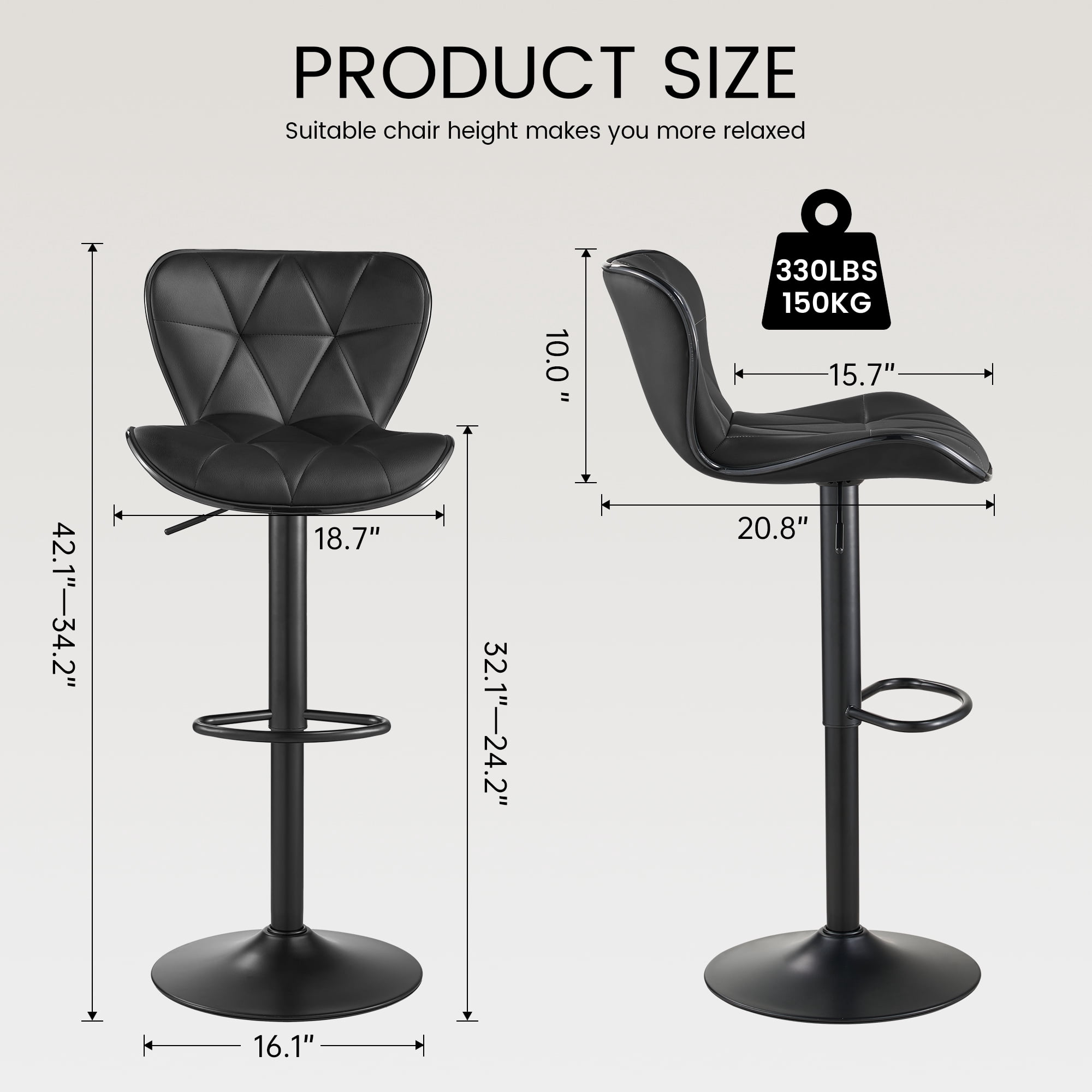 SAETSFEG Bar Stools, Adjustable Swivel Bar Stool with Backrest, Modern Counter Height Island Chairs for Kitchen Island, Dining Room, Black