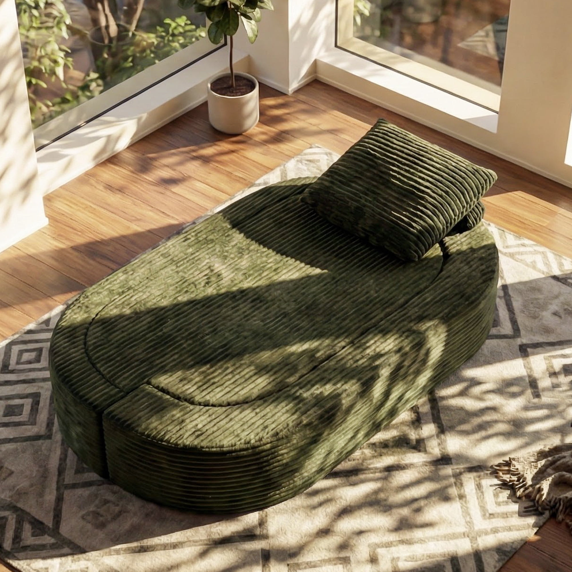 Floor Sofa, Full Size Sleeper Couch, Folding Futon Sofa Bed with Corduroy Fabric, Foam-Filled Mattress, 2-in-1 Convertible Loveseat, 78.7-Inch Width, No Assembly Required for Apartment, Green
