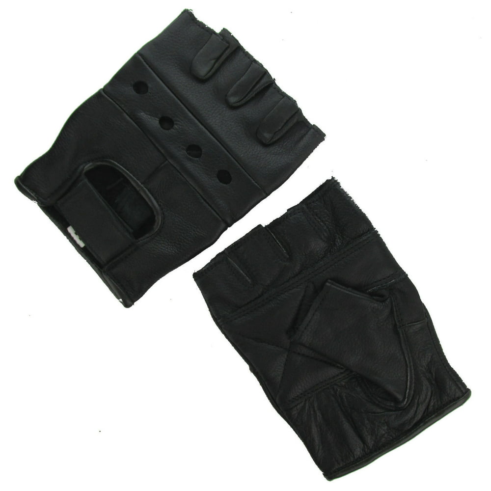 Leather Motorcycle Gloves - BLACK Fingerless Biker Gloves - SMALL (8 ...