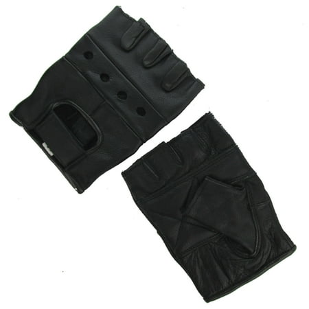 Leather Motorcycle Gloves - BLACK Fingerless Biker Gloves - SMALL