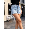thumbnail image 3 of Women's High Waisted Light Blue Denim Shorts with Frayed Fringed Hem and Double Button Closure, Casual Summer Jean Shorts, 3 of 7