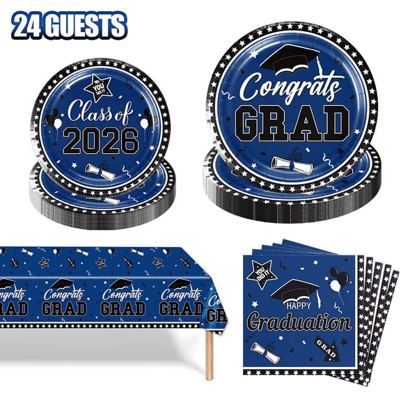 Graduation Decorations Class of 2026 Navy Blue Graduation Party Supplies,Graduation Plates and Napkins Tablecloth Congrats Grad Disposable Dinnerware Serve 24