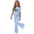 thumbnail image 7 of Amidoa Girls Summer 2 Piece Outfits Kids Print Short Sleeve and Pants Casual Clothing Sets Light Blue Size 5T, 7 of 7