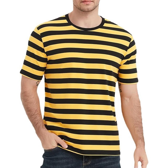 MYG Chemises Décontractées Homme Manches Courtes Rayé Jaune Blanc Polyester T-Shirt Été Vacances Voyage Basique Chandail Col Rond (2TG)