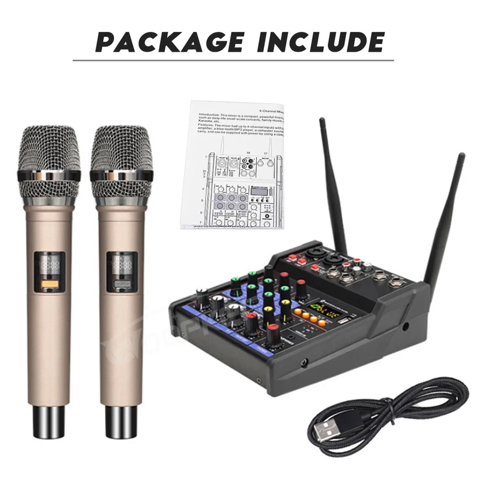 Woopker 4-Channel Audio Mixer Console with Wireless Microphone Sound Mixing USB input DJ Mixer ,Precision Control