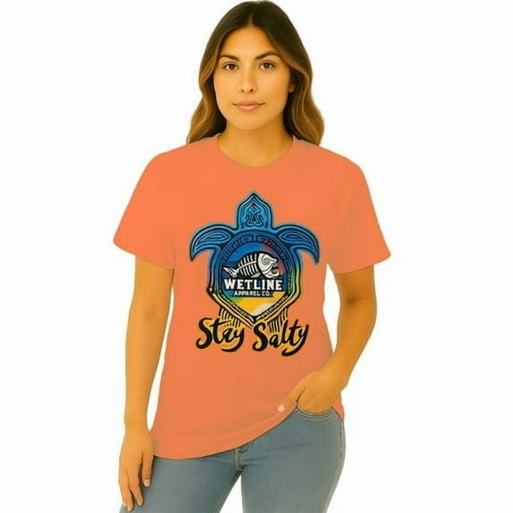 Wetline Apparel Co Stay Salty Turtle Female's Graphic T-Shirt, Fishing Wear Heavy Cotton Short Sleeves Tee, S-5XL