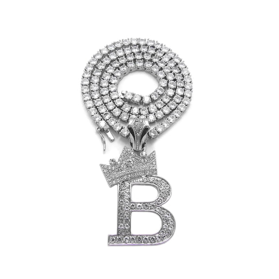 iJewelry2 Kings and Queens Crowned Initial Letter B Pendant Silver-tone CZ Tennis Chain Necklace 18''