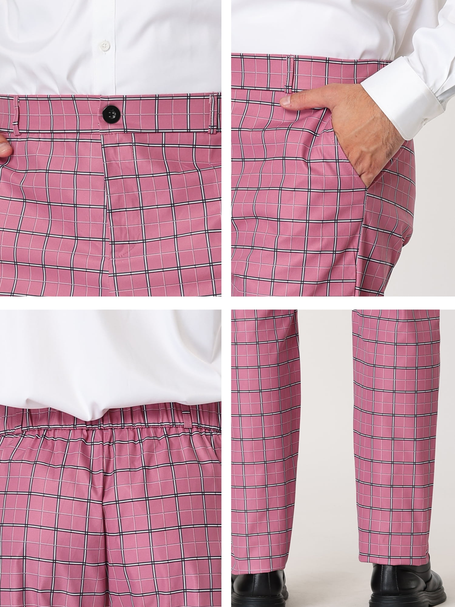 Unique Bargains Men's Business Flat Front Plaid Pants Casual Checked Trousers 30 Pink