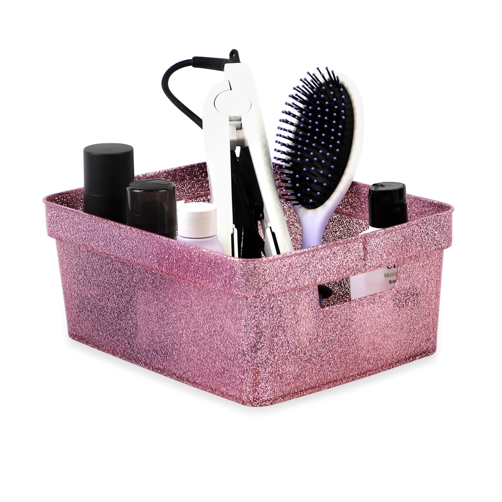 Isaac Jacobs 4-Pack Small Pink Glitter Storage Bin Set with Cutout Handles, Home Storage Solution