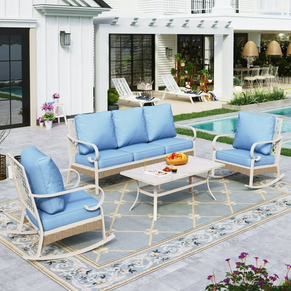 Sophia&William 4 Piece Patio Conversation Set Outdoor Furniture Sofa Set with Rocking Chair, Blue
