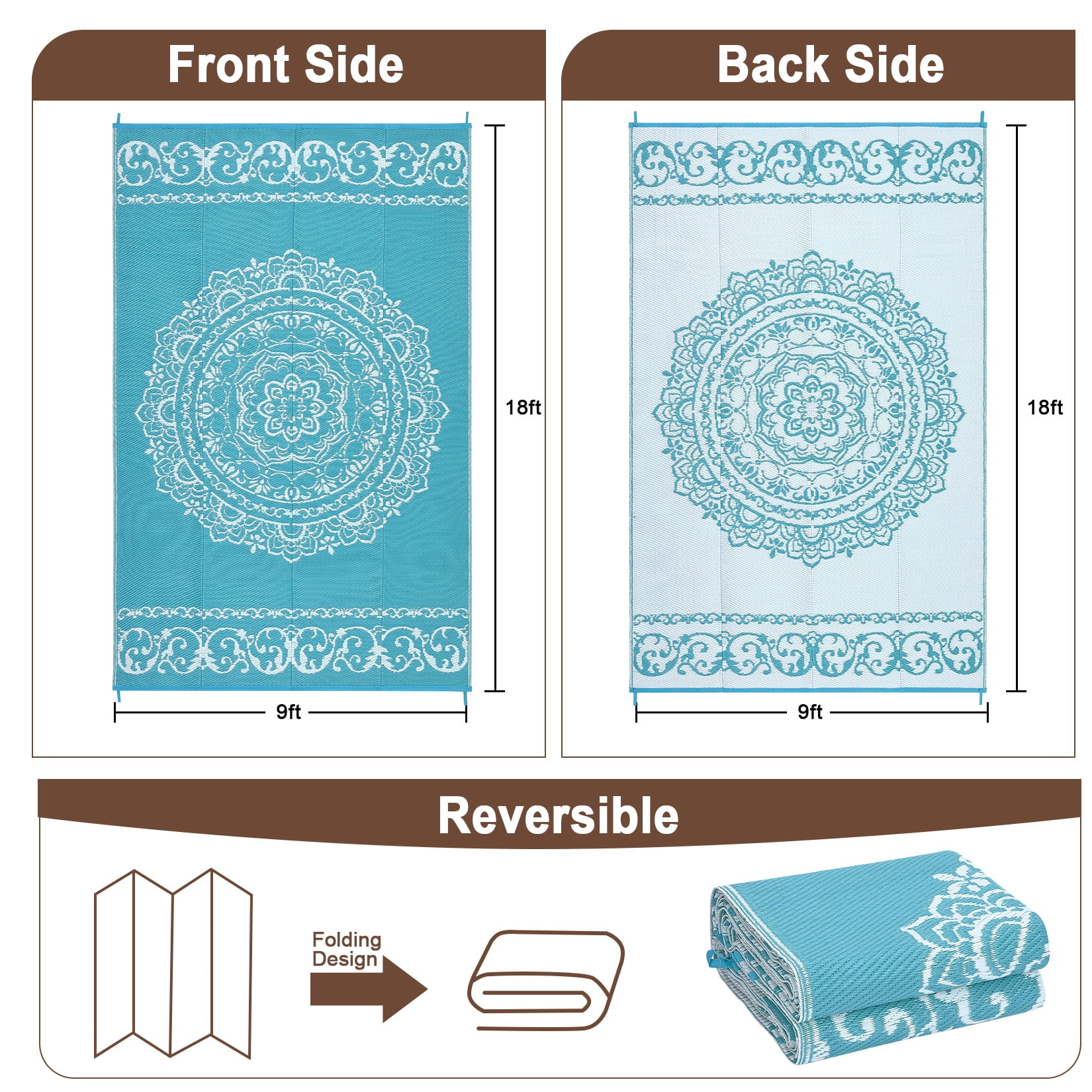 Gavee 9'x18' Boho Outdoor Rug, Waterproof Reversible Patio Area Rug Indoor Outdoor Carpet, Plastic Straw Rug RV Outdoor Mat for Camping Deck Balcony, Porch, Picnic, Light Blue and White