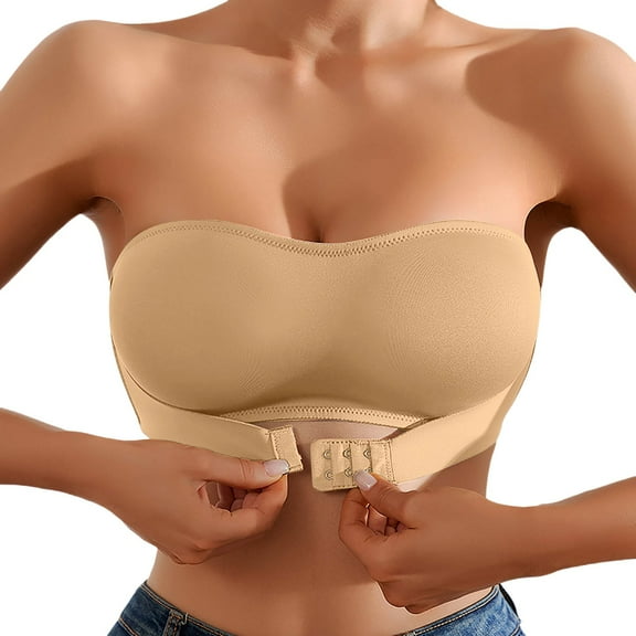 Strapless Bras For Women Front Closure Non- Bandeau Bras Seamless Wireless Padded Bralettes Sports Workout Tube Top Khaki L