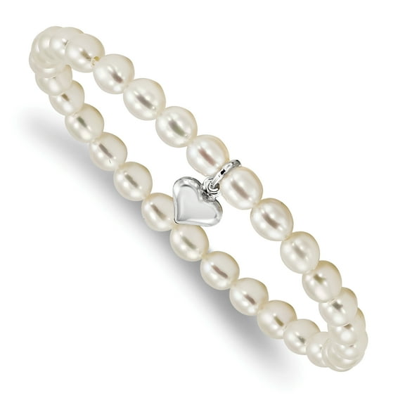 Primal Silver Sterling Silver Heart Freshwater Cultured Pearl 5 Inch Stretch Bracelet