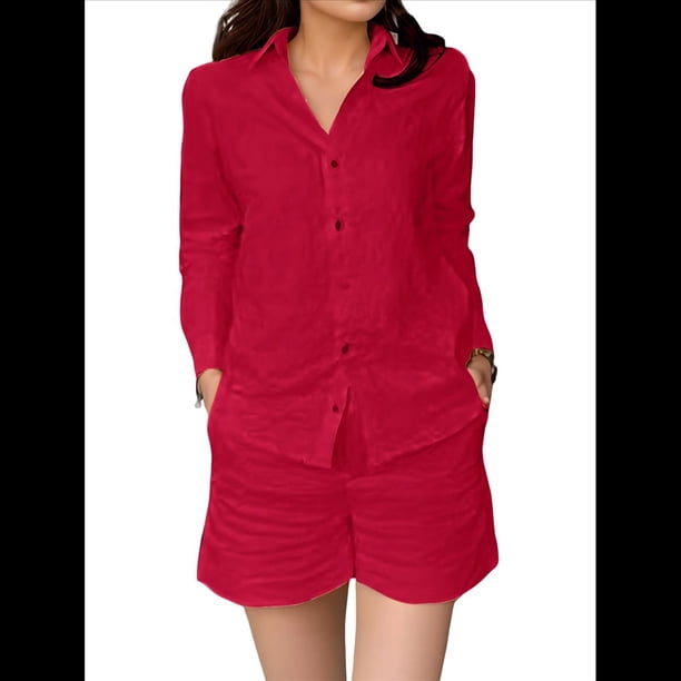 Bonitos Conjuntos Casuales Elegantes de Estilo Jardín para Vacaciones, Ropa Monocromática Rojo L