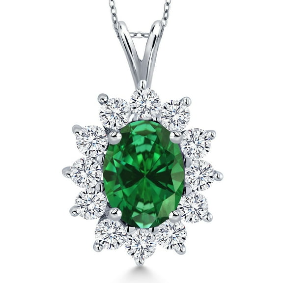 Gem Stone King 14K White Gold Green Simulated Emerald and White Zirconia Pendant Necklace for Women (2.70 Cttw, Gemstone Birthstone, Oval 8X6MM, with 18 inch Chain)